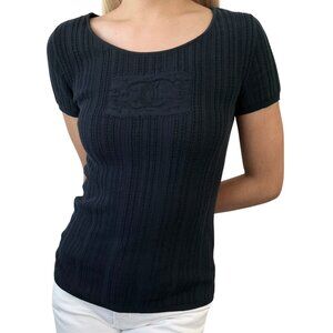 CHANEL Vintage 04P CC Mark Logo Mesh Knit T-shirt Top #38 Black Cotton  [106484]